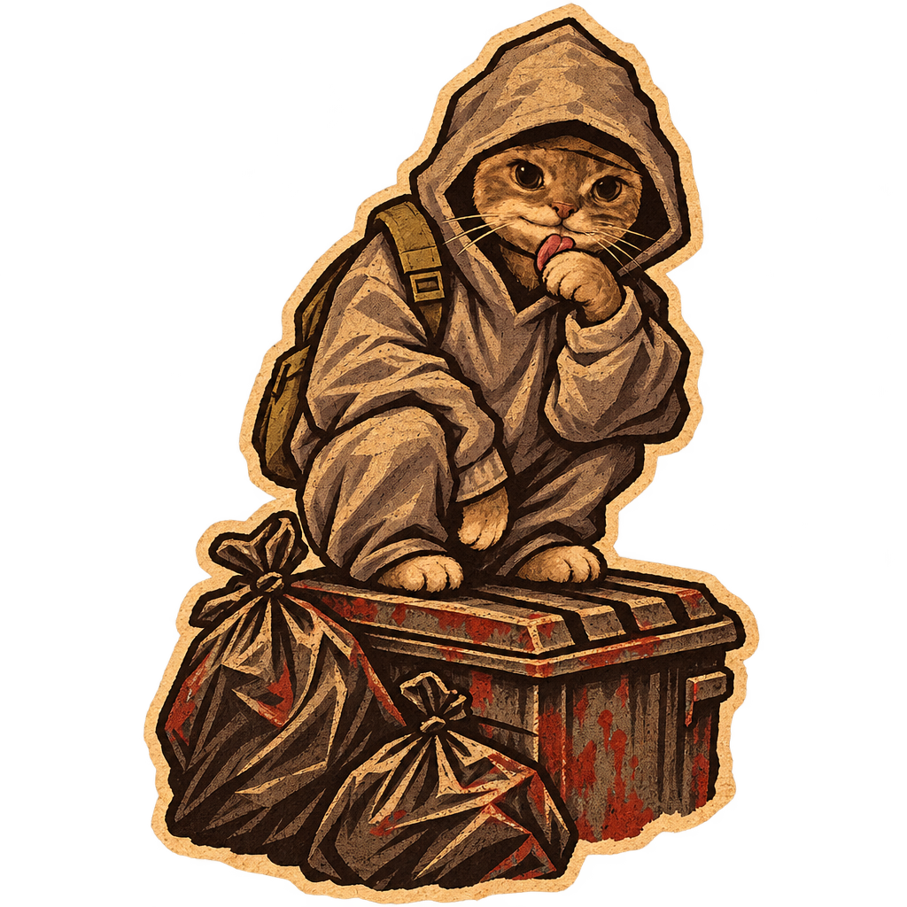 Urban Cat perched on a dumpster mid-snack, backpack on