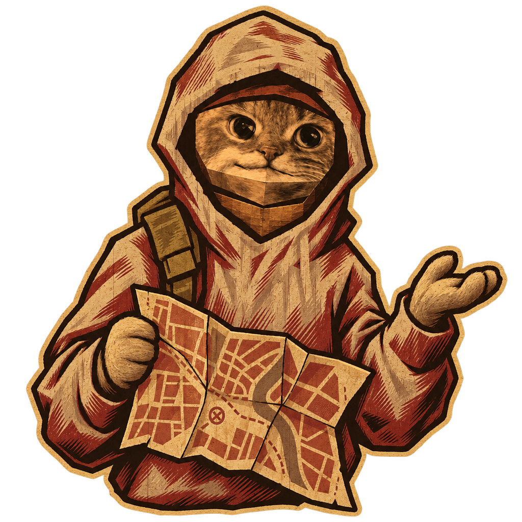 Urban Cat holding a torn city map, shrugging