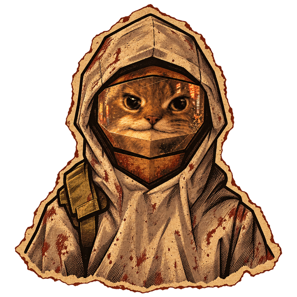 Urban Cat mascot portrait, hood up, weathered cutout