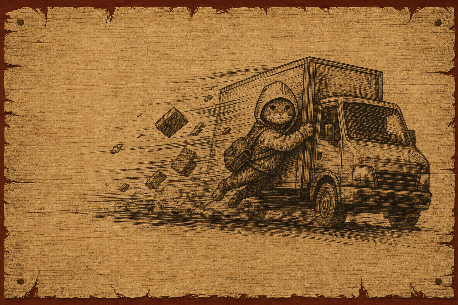 Wood-engraved panel of Urban Cat leaping from a moving delivery truck, boxes scattering