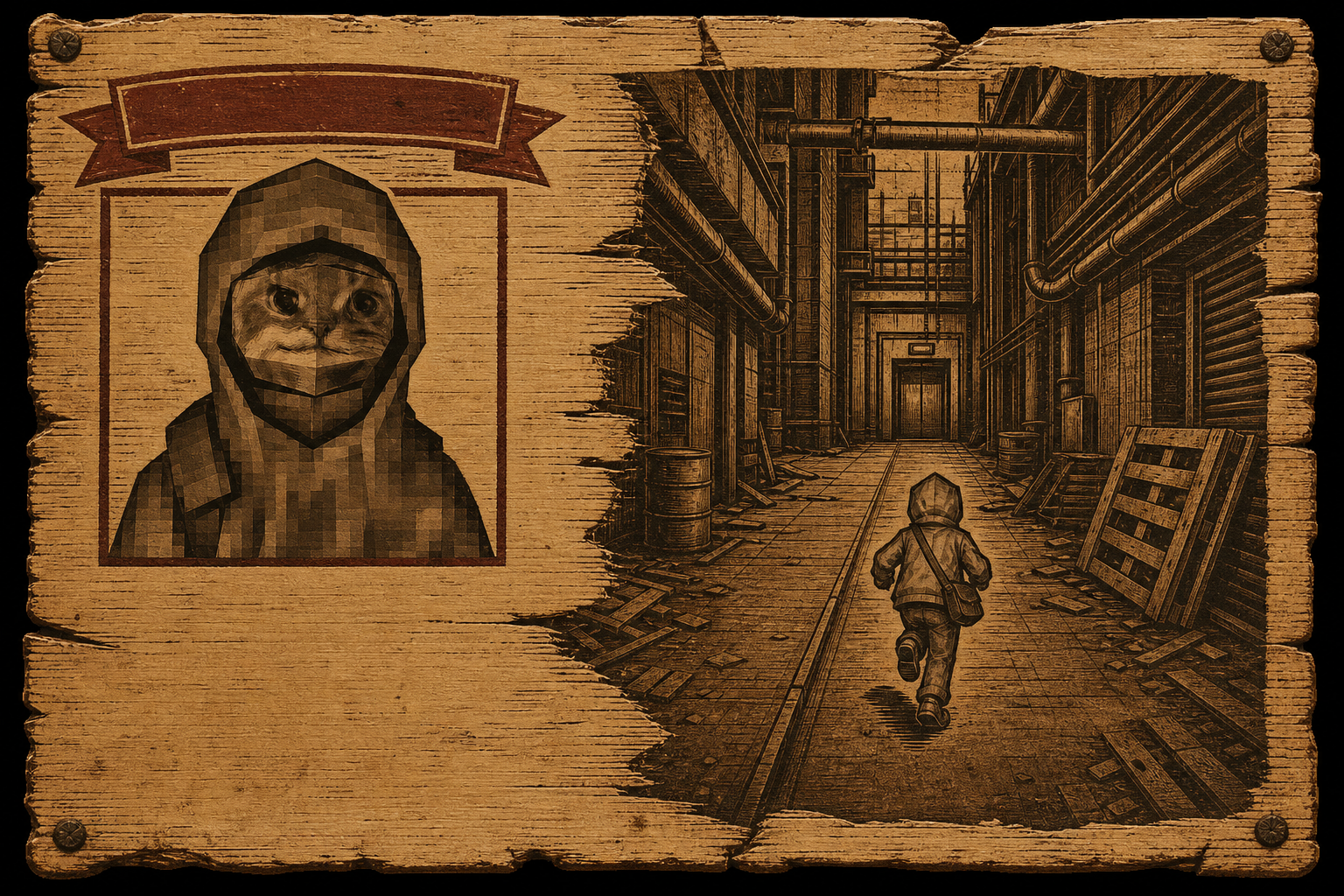 Wanted poster panel of Urban Cat sprinting down an industrial alley at night
